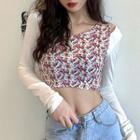 Mock Two-piece Long-sleeve Floral Print Panel Crop Top