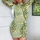 Mock-neck Print Mini Bodycon Dress
