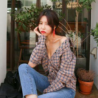 Dual-pocket Slit-elbow Plaid Shirt