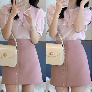 Set: Puff-sleeve Ruffled Blouse + Mini A-line Skirt