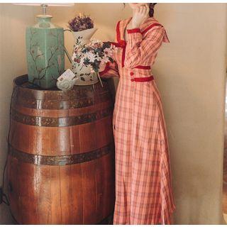 Long-sleeve Bow Plaid Midi A-line Dress