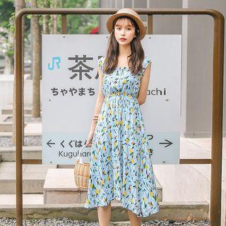 Lemon Print Sleeveless A-line Midi Dress