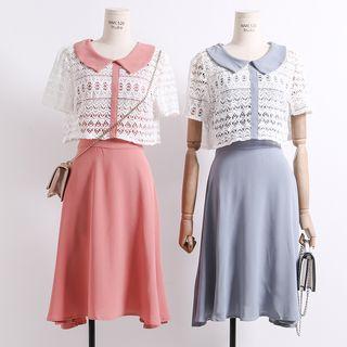 Set: Sleeveless A-line Dress + Tie-back Lace Cardigan