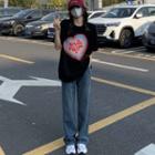 Elbow-sleeve Heart Print T-shirt / Loose Fit Jeans
