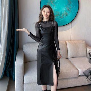 Set: Long-sleeve Striped Mesh Top + Faux Leather Midi Overall Dress