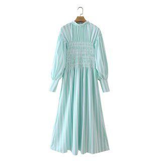 Long-sleeve Mock-neck Shirred Striped Midi A-line Dress