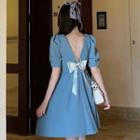 Puff-sleeve Open-back Beaded Mini A-line Dress