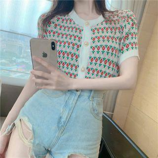 Short-sleeve Embroidery Knit Pearl Button Loose Fit Cropped Cardigan Pink - One Size
