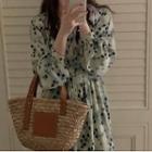 Long-sleeve V-neck Pattern Print Loose Fit Dress