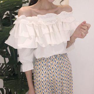 Off Shoulder Ruffle Trim Elbow-sleeve Top