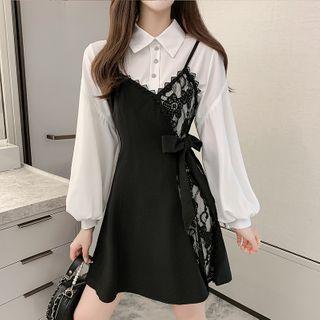 Set: Puff-sleeve Mini Shirtdress + Spaghetti Strap Lace Panel Mini Dress