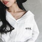Lettering Embroidered Satin Long-sleeve Blouse
