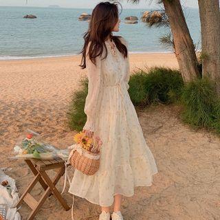 Puff Sleeve V-neck Floral Ruffled Midi Dress