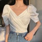 Puff-sleeve Tie-waist Ruched Cropped Blouse
