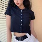 Short-sleeve Button-up Cropped Knit Top