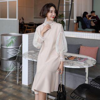 Set: Faux-pearl Mesh Top + Sleeveless Ruffle-hem Long Dress