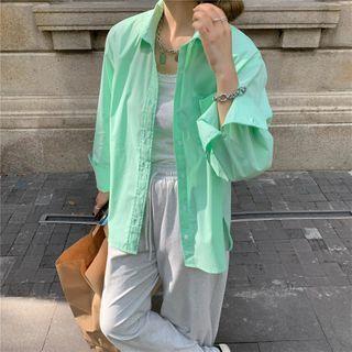 Long-sleeve Plain Shirt Shirt - Green - One Size