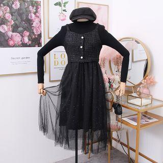 Set : Knit Top + Tweed Patchwork Mesh Vest Dress