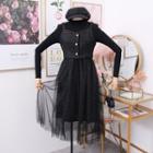 Set : Knit Top + Tweed Patchwork Mesh Vest Dress