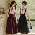 Set: Short-sleeve Blouse + Lace-up Midi A-line Suspender Skirt