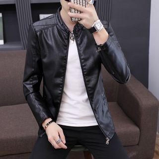 Faux Leather Mock Collar Zip Jacket