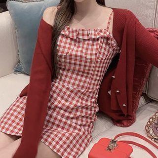 Plain Knit Cardigan / Plaid Sleeveless Dress
