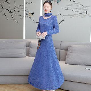 Set: Long-sleeve Floral Embroidered Midi A-line Dress + Neck Warmer