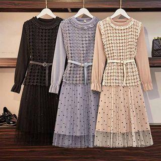 Set: Long-sleeve A-line Dotted Mesh Panel Dress + Lace Vest
