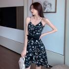 Spaghetti Strap Tie-waist Floral Print Mini A-line Dress