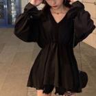 Bell-sleeve Tie-waist Plain Dress Black - One Size