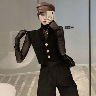 Long-sleeve Turtleneck Mesh Top / Button-up Knit Vest