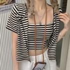 Set: Striped Cropped Camisole Top + Cardigan Stripes - Black & White - One Size