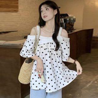 Off-shoulder Short-sleeve Dotted Blouse