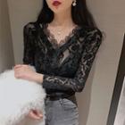 V-neck Lace Long-sleeve Top Black - One Size