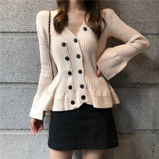 V-neck Bell-sleeve Slim-fit Knit Top