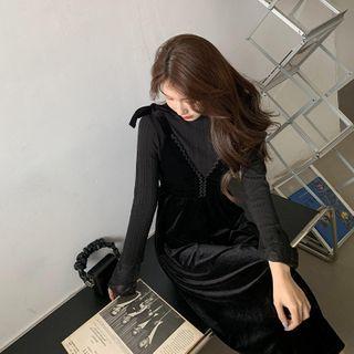 Set: Long-sleeve Top + Spaghetti Strap Midi A-line Velvet Dress