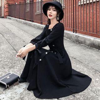 Long-sleeve Sashed A-line Midi Dress