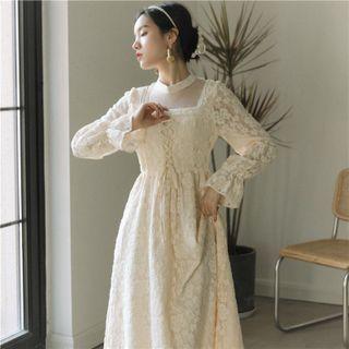 Long-sleeve Mesh Panel Midi A-line Lace Dress