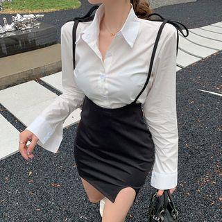 Long-sleeve Open Back Shirt / Mini Fitted Skirt