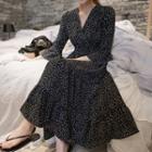 Dotted Bell-sleeve A-line Maxi Chiffon Dress