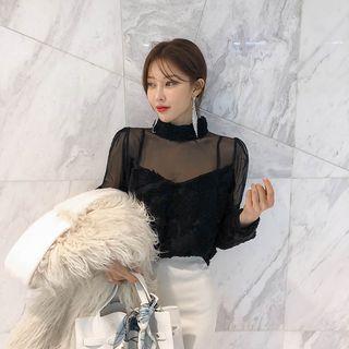 Tulle-yoke Fluffy Blouse Black - One Size