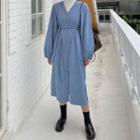 V-neck Tie-waist Midi A-line Dress Blue - One Size