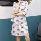 Elbow-sleeve Elephant Print Qipao Dress