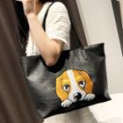 Dog Embroidered Faux Leather Tote Bag