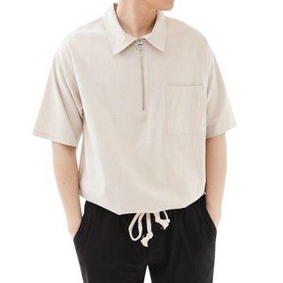 Plus Size Zip-neck Linen Blend Shirt