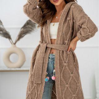 Hooded Sashed Long Cardigan