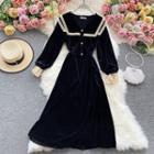 V-neck Velvet Long-sleeve Dress Black - One Size