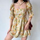 Short-sleeve Square-neck Fruit Print Mini Dress