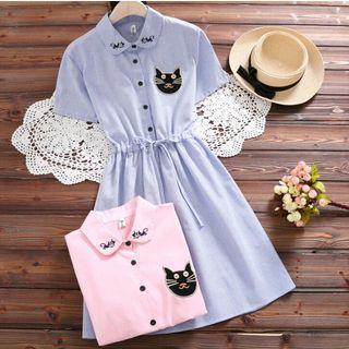 Cat Applique Striped Short-sleeve A-line Shirt Dress