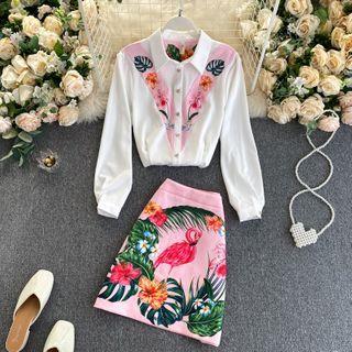 Set Of 2 : Long-sleeve Print Panel Top + Print A-line Skirt